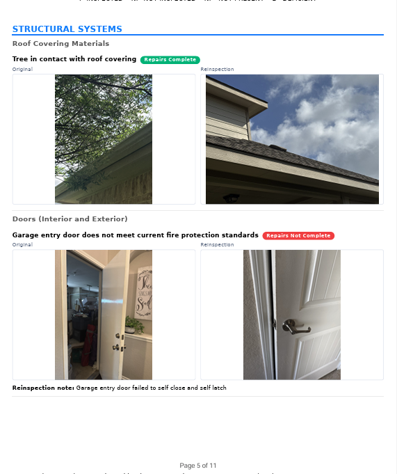 1nspecT reinspection report — original and reinspection photos side by side with 'Repairs Complete' and 'Repairs Not Complete' status badges and an inspector-authored reinspection note